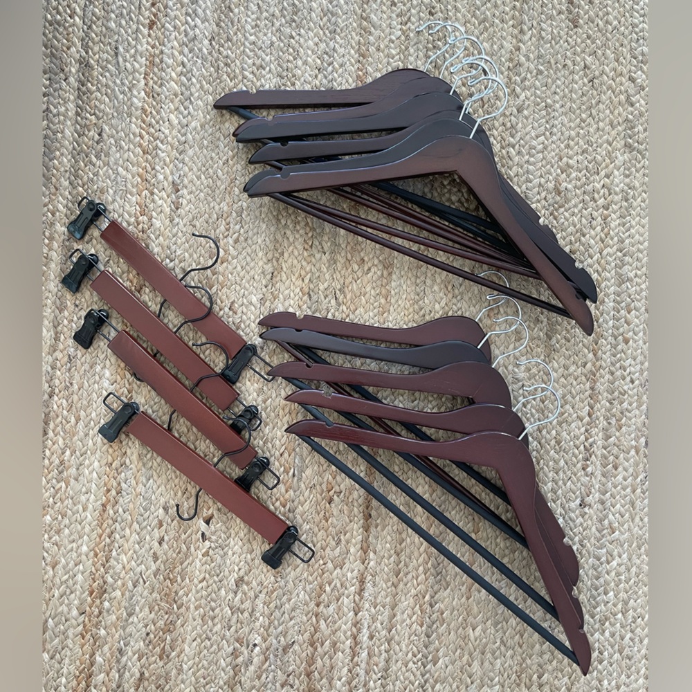 Set 15 Wood Hangers dark wood shirt and pants